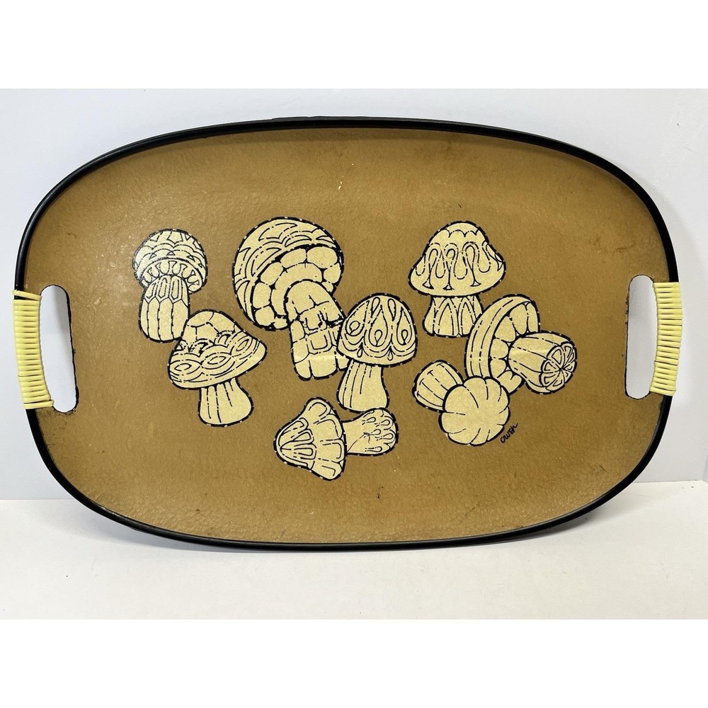 Retro 1970s Mushrooms Wood Tray Fiberboard Beige Brown Black MCM Design